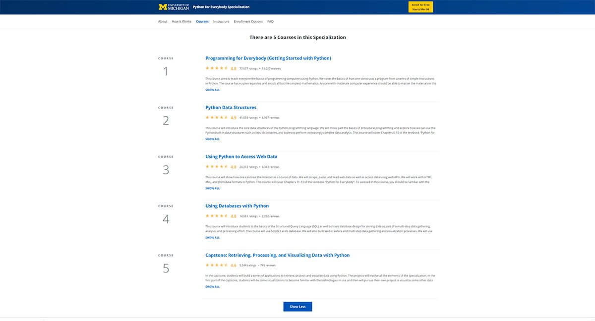 Coursera Specializations are a series of individual courses (in this case 5 of them)